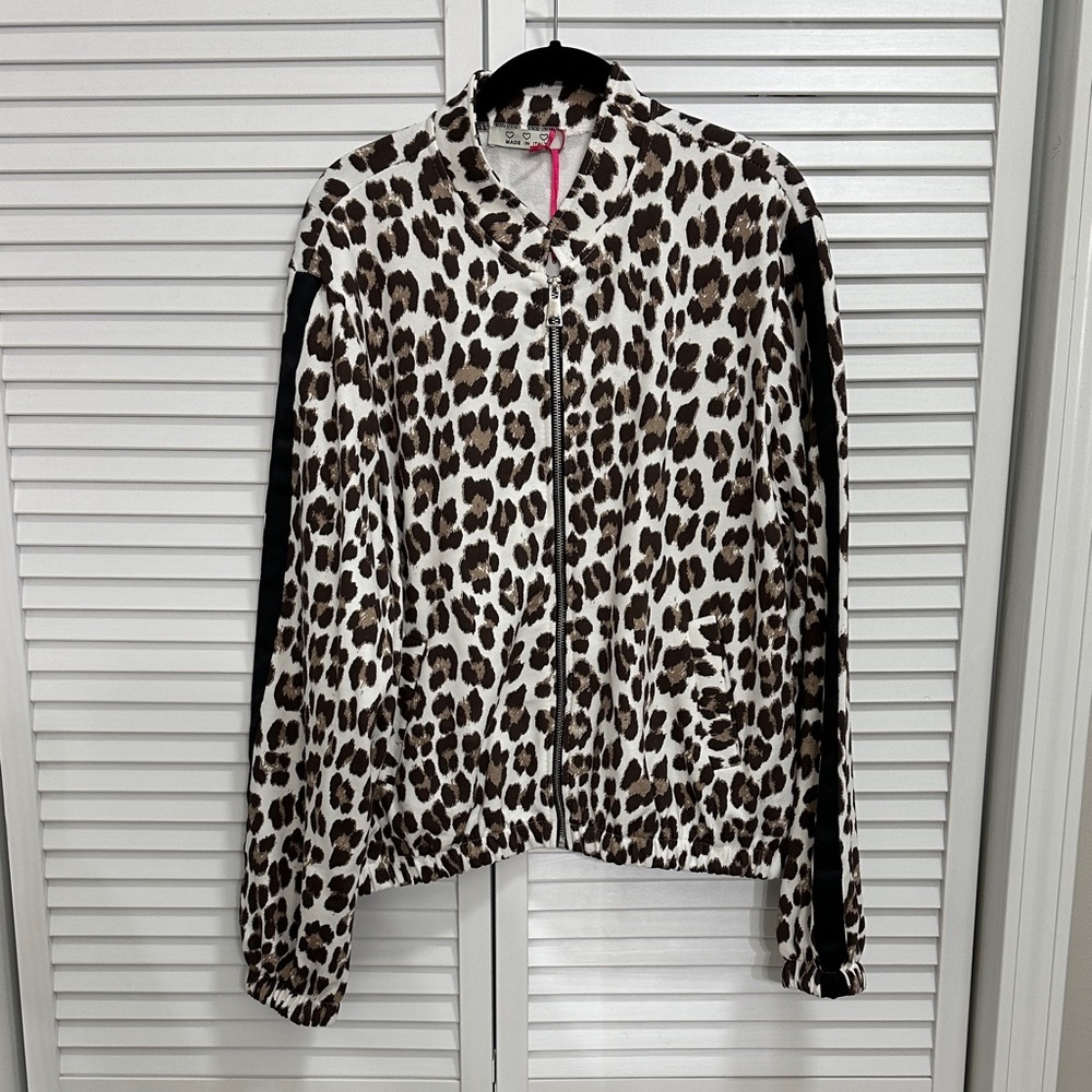 Yolly Leopard Print Zip-Up Bomber Jacket - Brown & White